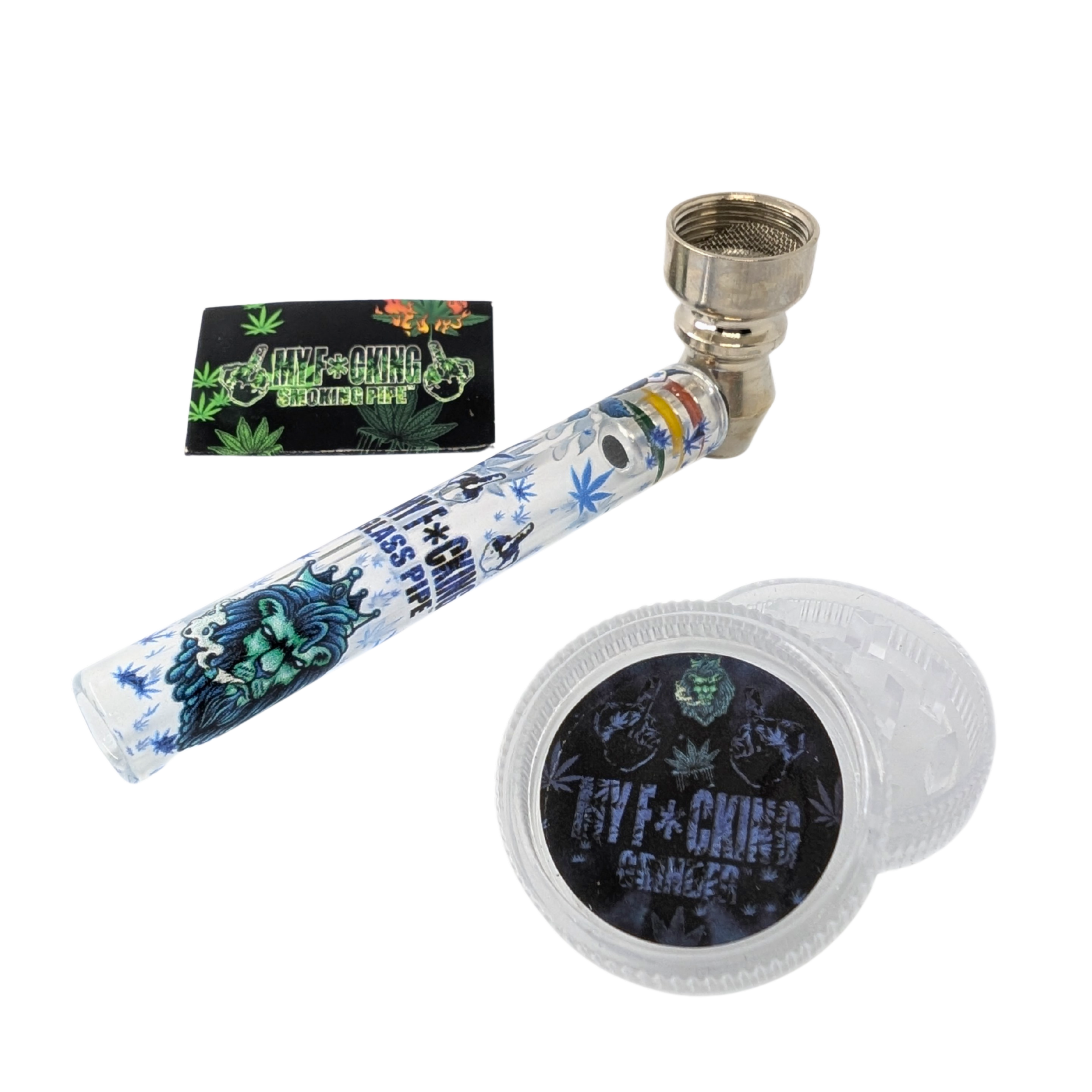 PIPE SET: Glaspfeife mit Metallkopf + Grinder + Siebe