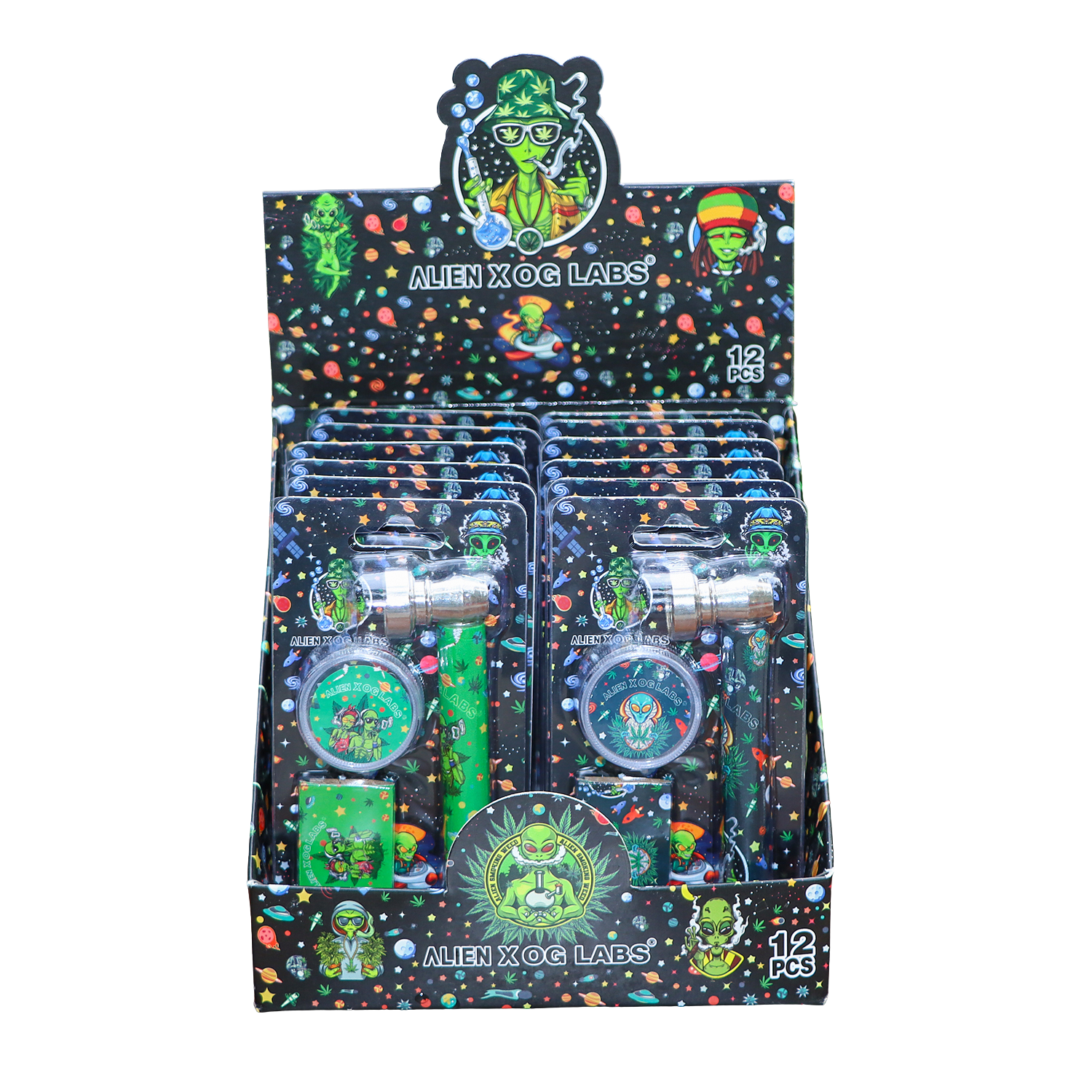 PIPE SET: Glaspfeife mit Metallkopf + Grinder + Siebe — ALIEN X OG Glaspfeife m. Metallkopf + Grinder + Siebe
