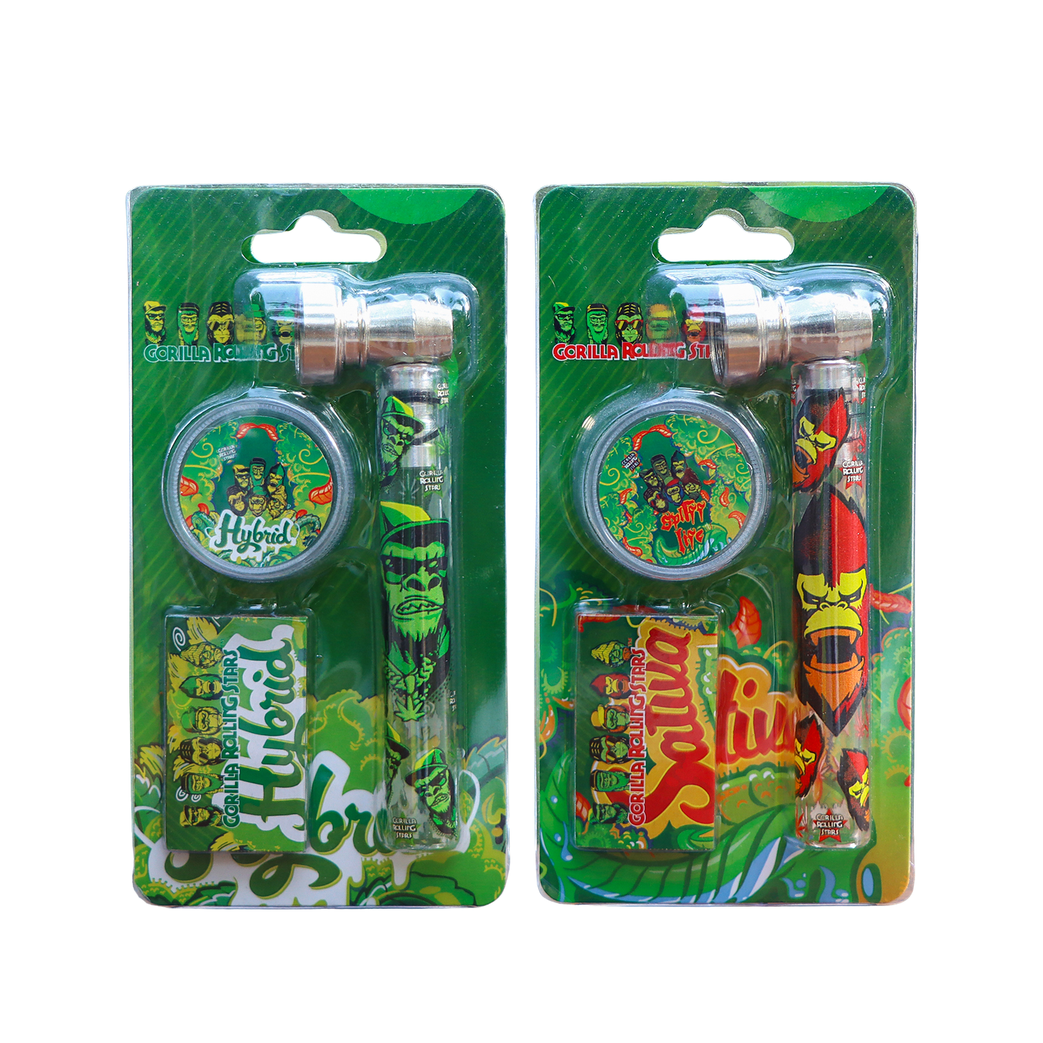 PIPE SET: Glaspfeife mit Metallkopf + Grinder + Siebe — GORILLA ROLLING STARS Glaspfeife m. Metallkopf + Grinder + Siebe