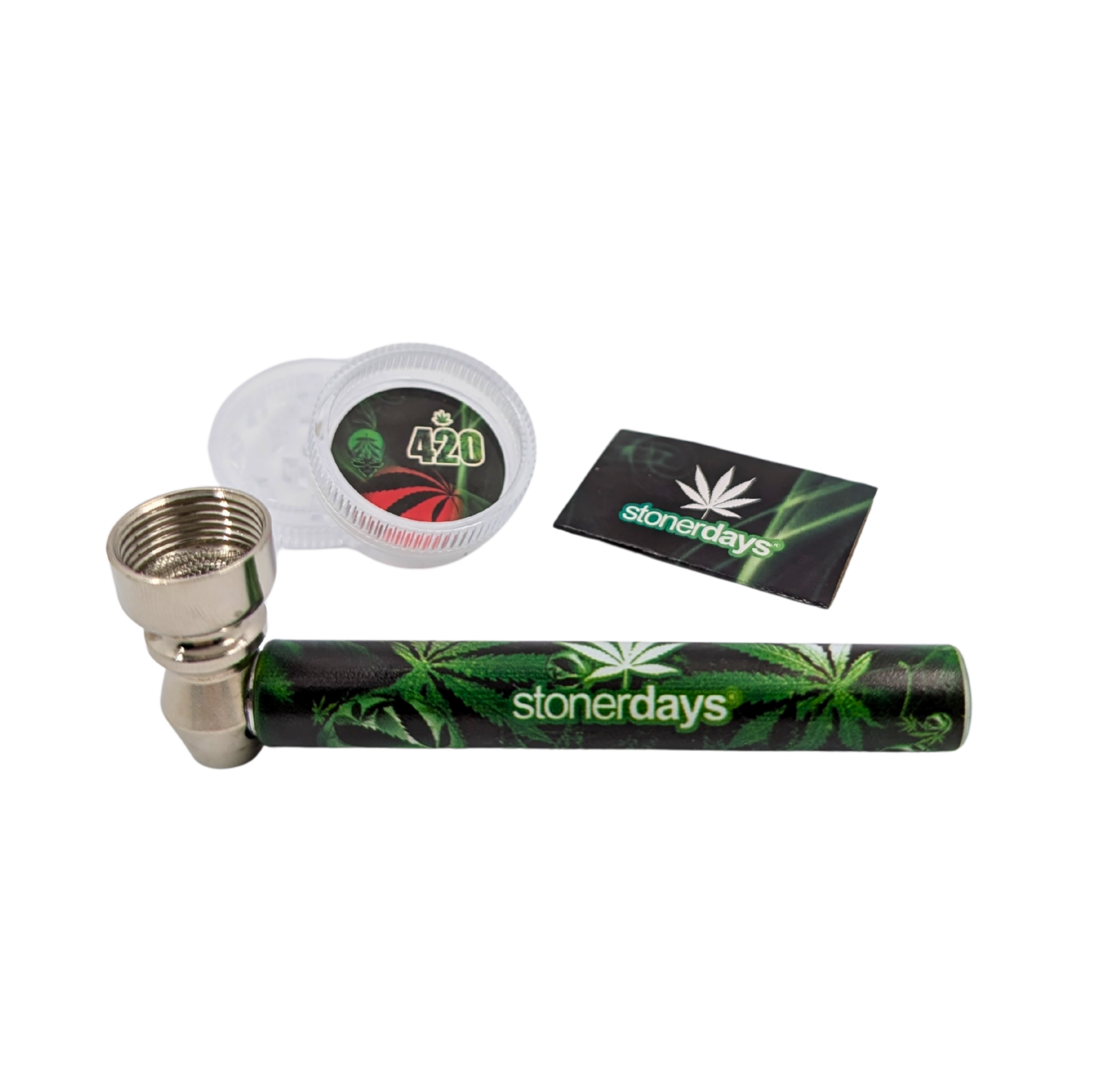 PIPE SET: Glaspfeife mit Metallkopf + Grinder + Siebe — STONERDAYS Glaspfeife m. Metallkopf + Grinder + Siebe